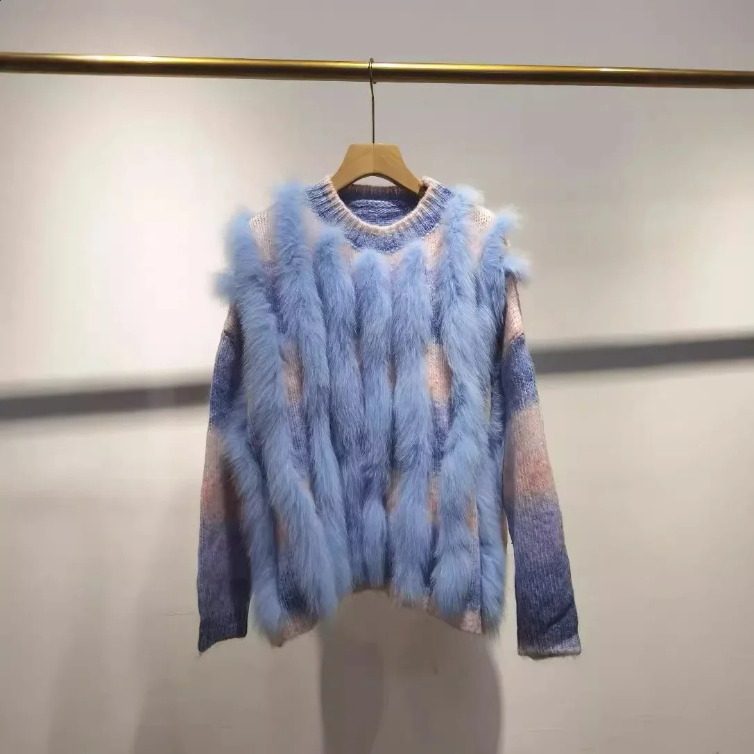 Autumn Women Loose Knitted Pullover Sweater With Real Natural Fox Fur O-neck Plus Size Long Sleeves Knitting Sweaters 241224