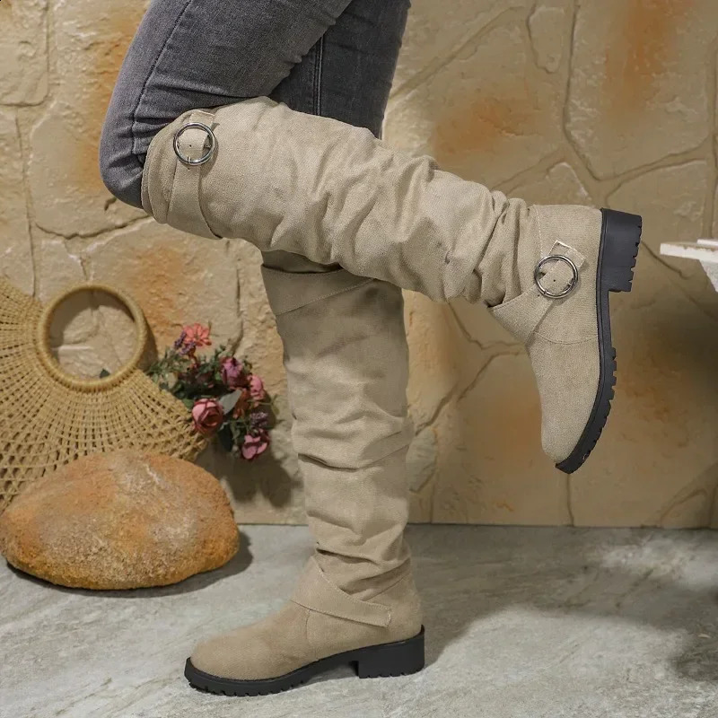 Ladies Shoes Slip-on Womens Boots Fashion Belt Buckle Modern Boots Women Plus Size Solid Knee-High Boots 241226