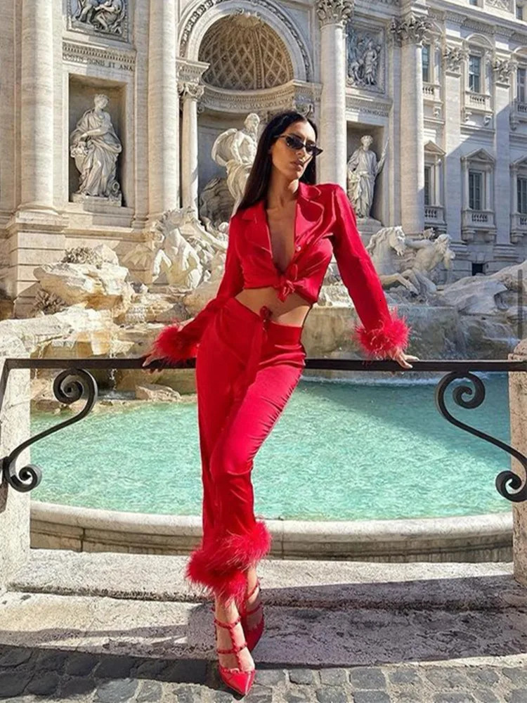 Feather Trim Two Piece Set Women Elegant Casual Pant Sets Long Sleeve Tops Blazer Straight Pants Female Fall 2Pcs Set 241225