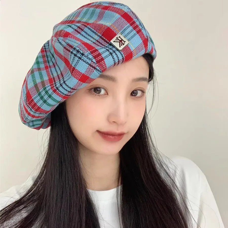 Ladies Fashion Plaid Large Head Big Cloud Beret Pumpkin Checkered Adjustable Painter Hat 241226