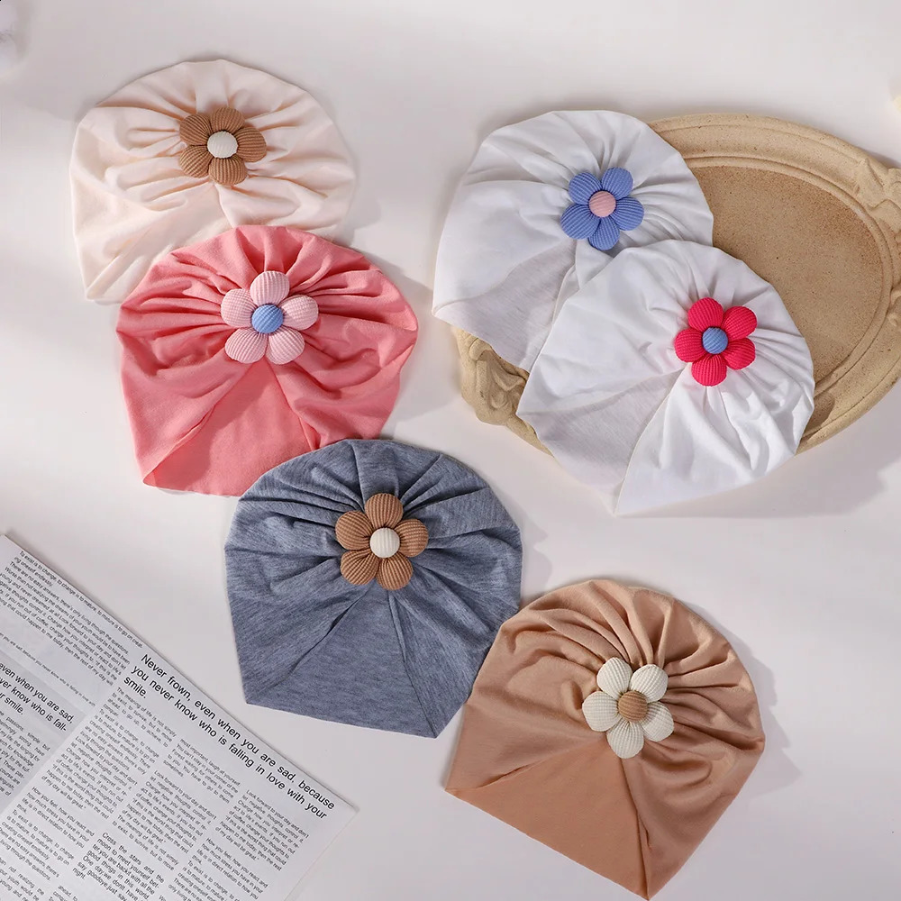 5 Styles Big Flower Cotton Baby Turban Hats for Boys Girls Beanies Thin Elastic Caps Bonnet born Toddler 03T Headwraps 241225