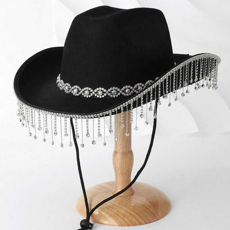 Womens denim hat with Rhinestone tassel decoration wide brown wedding hat for Fiancee shower engagement party wedding W241225