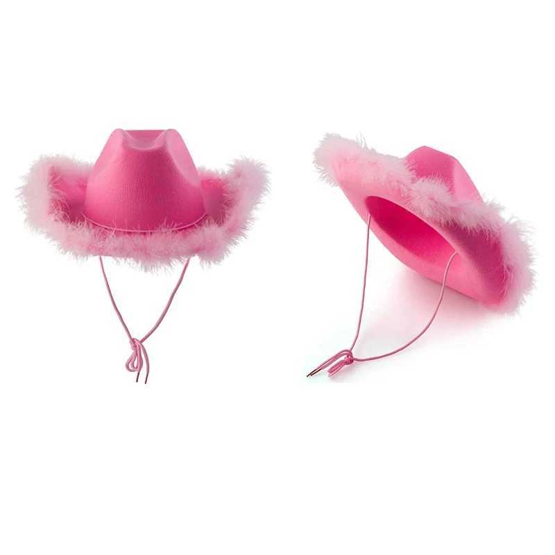 M2EA Fashion Pink Cowboy Hat Fluffy Feather Brim Cowboy Hat Western Cowboy Hat Singles Party Carnival Cosplay W241225