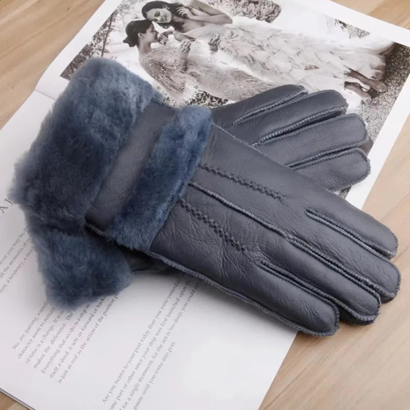 Women Gloves Genuine Leather Fur Glove For Women Keep Warm Windproof Cycling Driving Gloves Ourdoor Thick Five Finger Gloves 241226