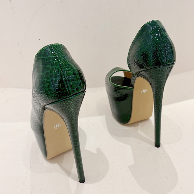 Liyke 2024 New Green Snake Print Leather Platform Pumps Women Sexy Sgback Peep Toe Extreme High Heels Strip Pole Dance Shoes