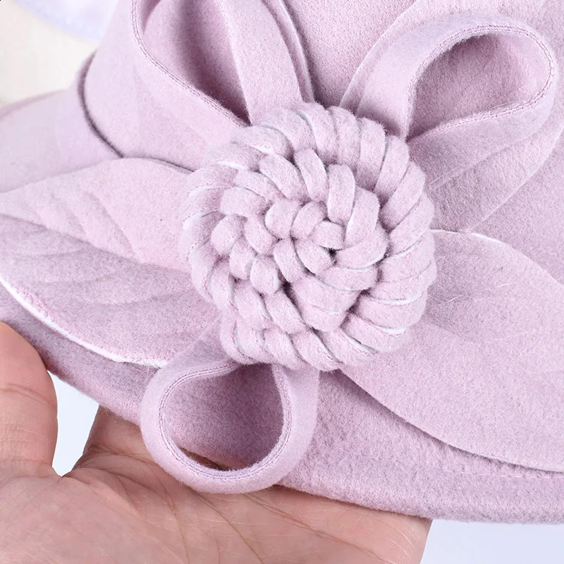 Womens Hat Winter Autumn Warm Ladies Church Bowler Hats Elegant Wool Fedora Hat Flower Vintage Felt Cap Red Pink White 241226