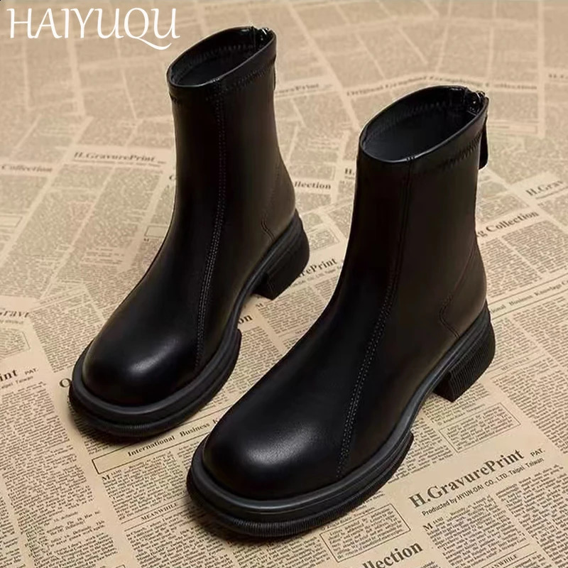 Ankle Boots for Women Chunky Fashion Shoes Platform Warm Leather Short Plush Boots Cozy Walking Goth Mujer Chelsea Botas 241226