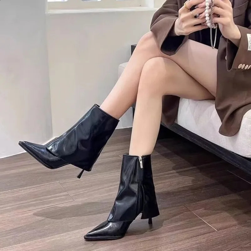 Ankle Boots Women Black Beige Brown Microfiber Leather Women Short Boots Pointed Toe Stiletto High Heel Winter Ladies Boots 241226