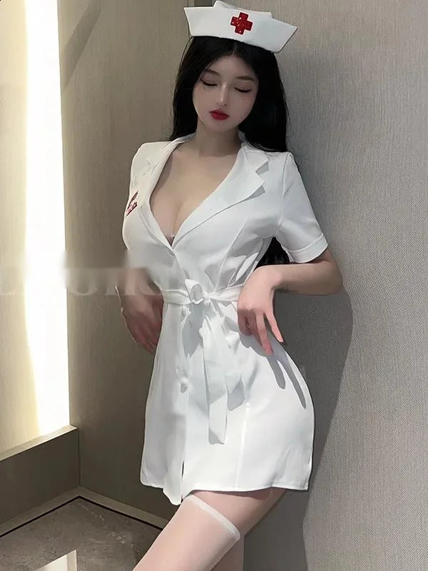Sexy Nurse Performance Costumes Tie Up Female Off White Belt Loose Dress Role-playing JK Uniform Soft Girl Trendy Clothes 2V9U 241226