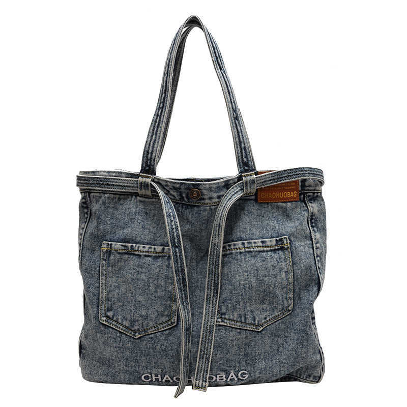 Denim Bag Fashion Embroidered Letter Shoulder Bag Double Pocket Large Capacity Women's Bag Big Tote Bag Trendy 241215