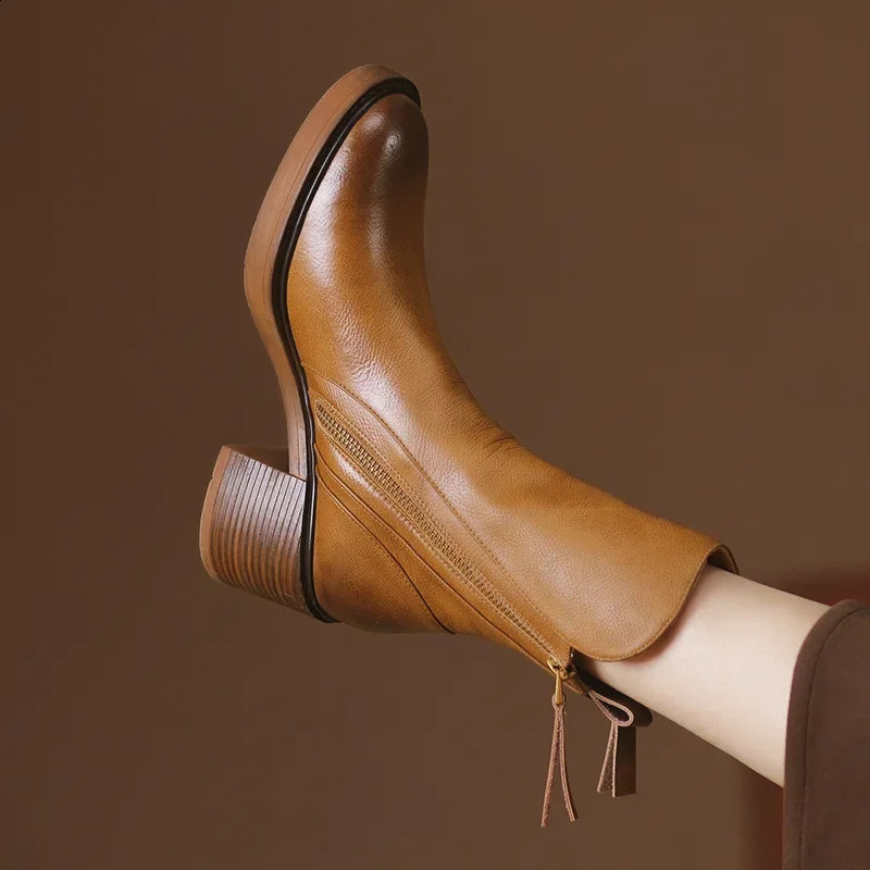 Womens Platform Chelsea Boots Round Toe Chunky Heel Women Brown Ankle Boots Outdoor High Heel Leather Boots 241226