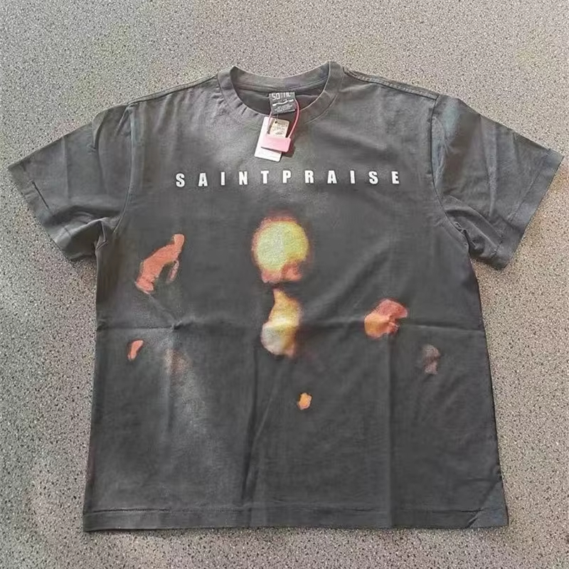 25ss Print Vintage T-Shirt Tops Best Quality Washed Black Oversized Cotton T Shirt Men Women Tags