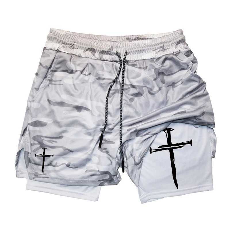 Cross Graphic 2 in 1 Workout Running Shorts for Men Christian Gym Performance Shorts with Phone Pocket Towel Loop Active WearXJ241226