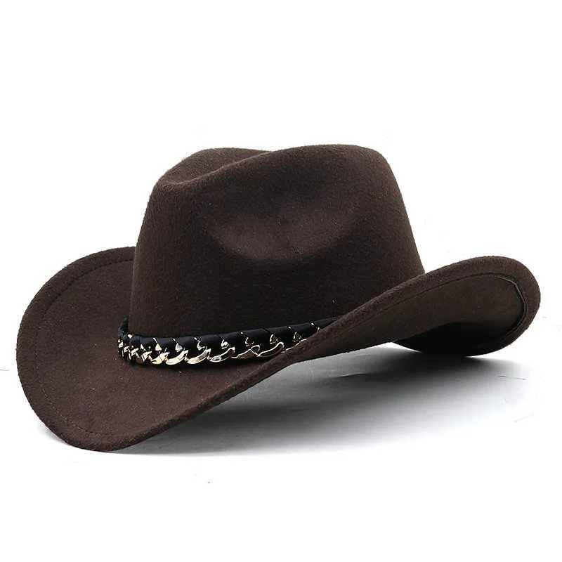 Size 3 Western Cowboy Hat Chain Decoration Wide Brim Jazz Felt C Retro Womens Fedora Hat Outdoor Parents Children Riding Sun Hat W241225