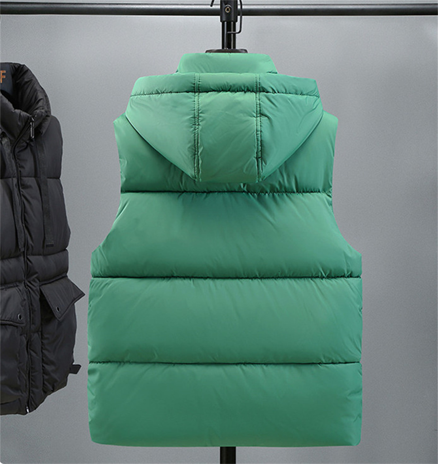 Green Men's Hooded Vest 2025 Winter Zipper Warm Stand Collar Waistcoat Men Cotton Padded Sleeveless Jackets With Big Pockets