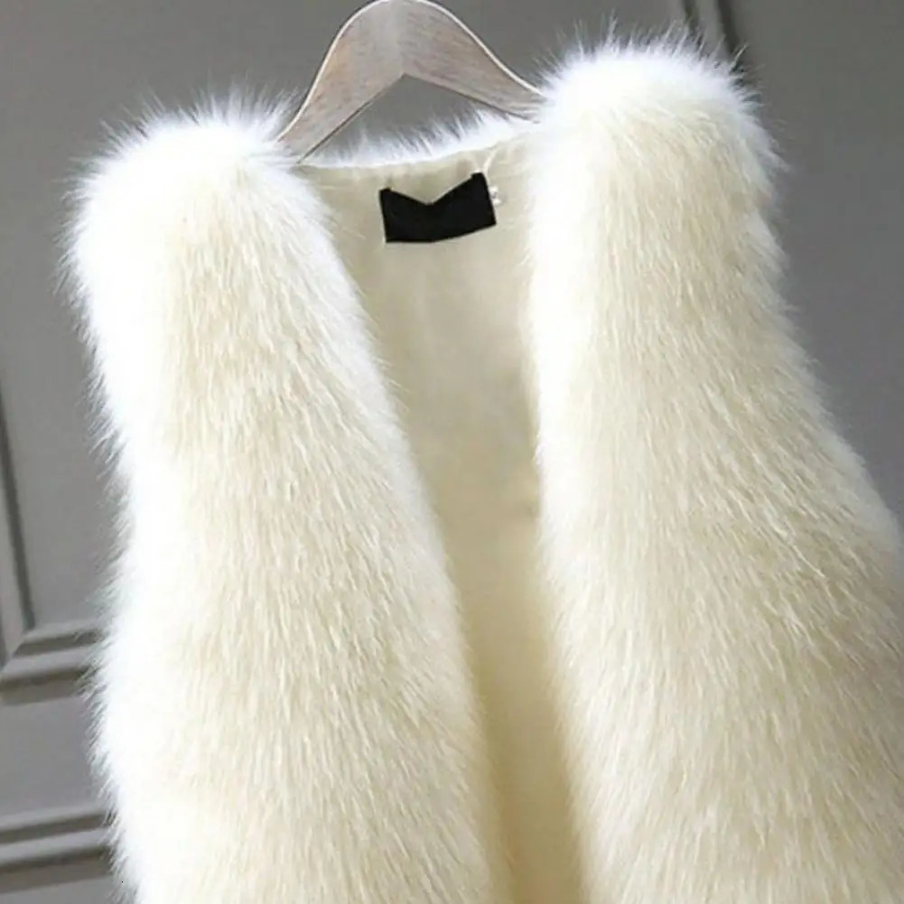 Women Vest Solid Color Faux Fur Cozy Fluffy Soft Thick Sleeveless Open Stitch Front Cardigan Slim Fit Lady Waistcoat 241223