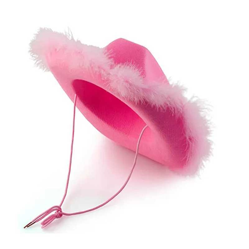 Fashionable Western Womens Cowboy Hat Fluffy Feather Brim Cowboy Girl Cs Halloween Carnival Singles Party Role Playing Cowboy Hat W241225