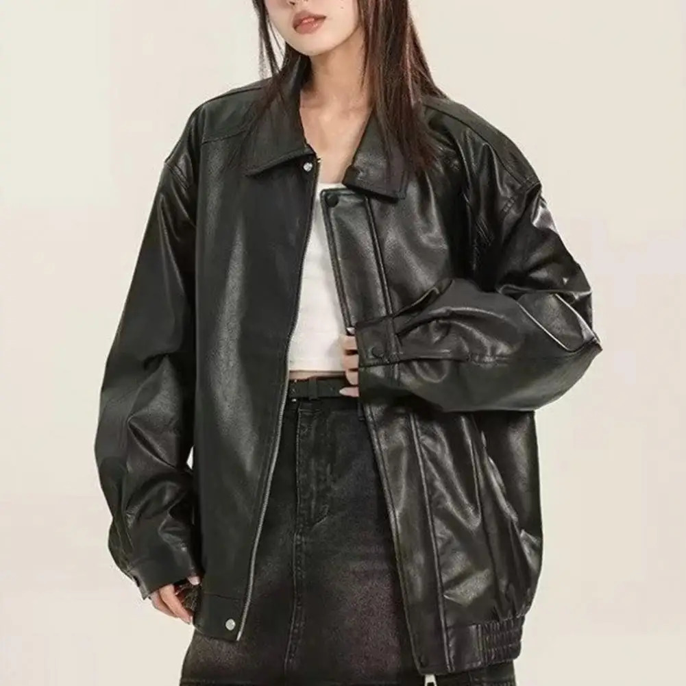Vintage Women Faux Leather Jacket Long Sleeves Turndown Collar Loose Fit Zipper Pocket Oversized Ladies Female Coat 241223