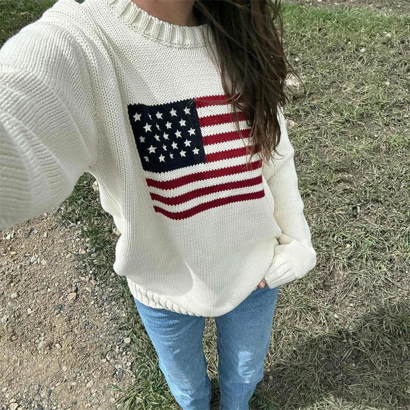 Lamuusaa Women Sweaters y2k Clothing Stripe Flag Print Round Neck Long Sleeve Loose Pullovers Knitted Jumpers Casual Streetwear 241225