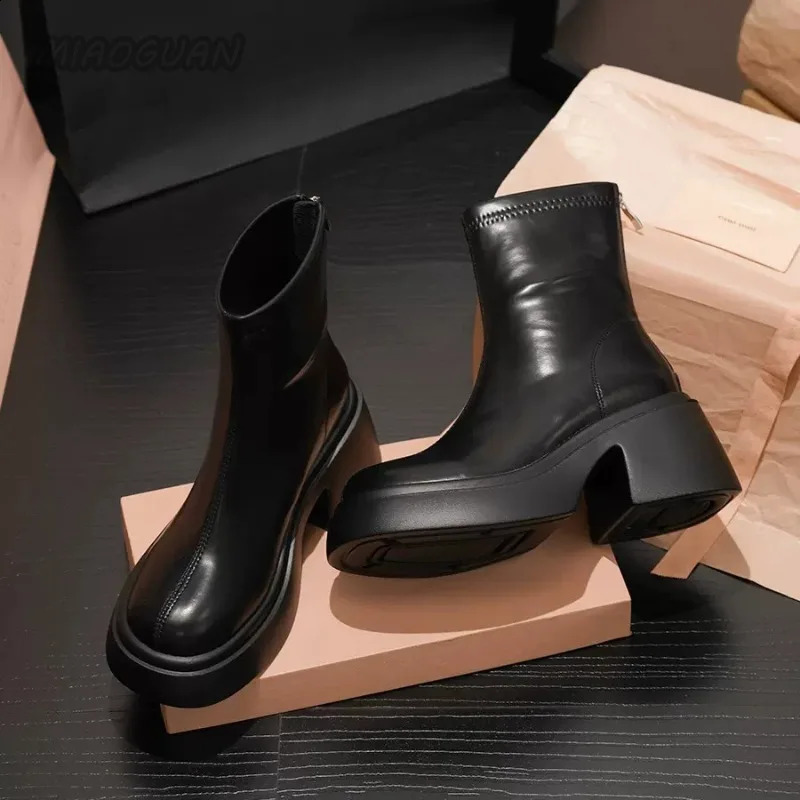 Autumn Winter White Short Boots Thick Soled Round Head Fashion Botines Shoes for Women Chunky High Heels Ankle Boots 241226