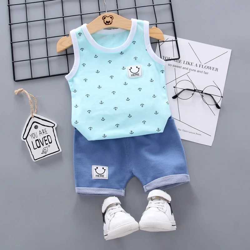 Clothing Sets Newborn Baby Clothes Print Boys Suit Summer Baby Girl 2 Pieces Suit Sleeveless Top+ Denim Short Toddler Boy Set Cotton OutfitsY241225QJH