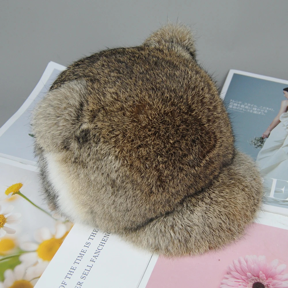 Rabbit Fur Hats for Women Winter Warm Solid Genuine Fur Cap High Quality Female Fur Hat with Tail Cute Girls Cat Hats 241225