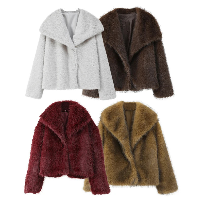 Womens Fashionable Artificial Fur Short Bomber Jacket Chic Solid Long Sleeve Warm Winter Lady High Street Outerwear 241223