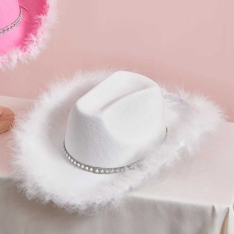 CocMouse Womens Cowboy Hat Fluffy Feather Decoration Wide Brim Flat Top Disco Cowboy Hat Western Club Party Costume Props W241225