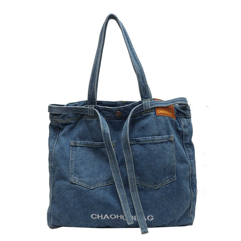 Denim Bag Fashion Embroidered Letter Shoulder Bag Double Pocket Large Capacity Women's Bag Big Tote Bag Trendy 241215