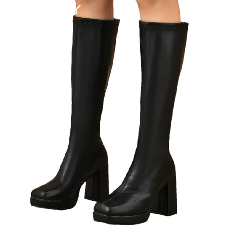 Women Square Toe Leather High Boots Knee High Heels Shoes Woman 2025 Trend Elegant Winter Pumps Motorcycle Boots Mujer 241226