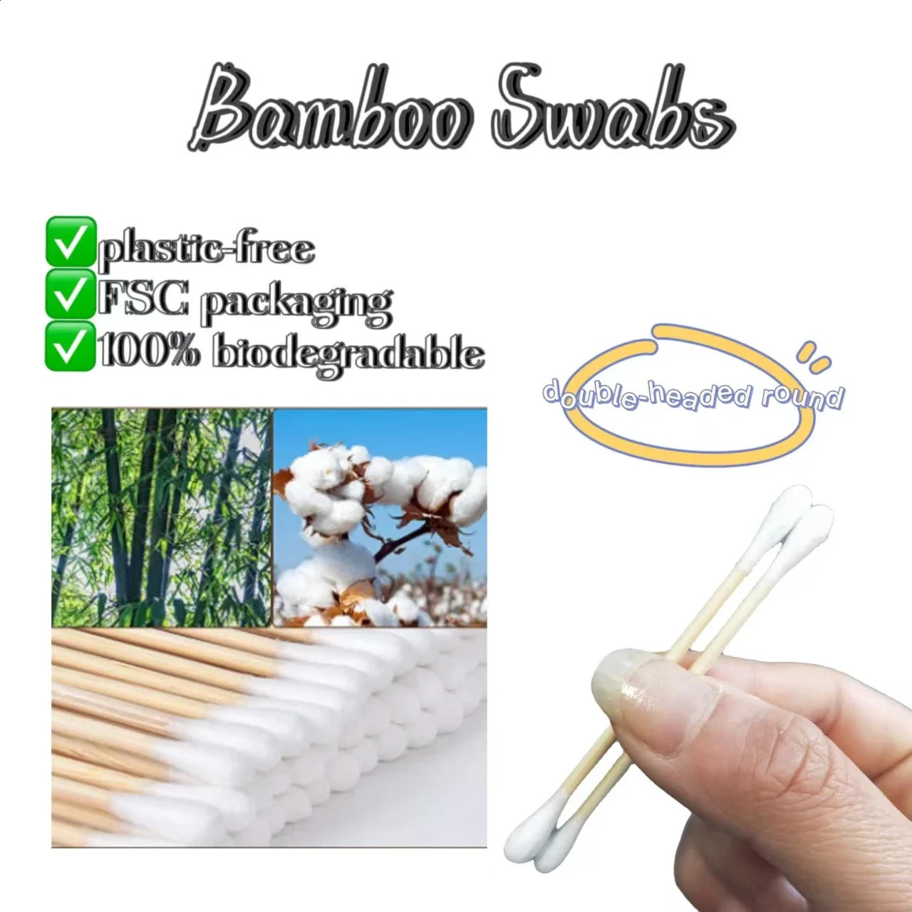 100 Pcs Eco Friendly Bamboo Cotton Ear Cleaning Bud Sticks Plastic Free Cotton Swabs 241226