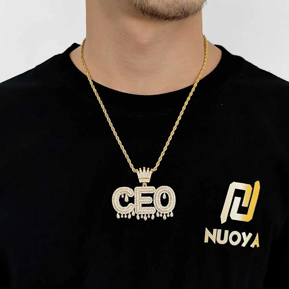 Bling Hip Hop Cubic Zircon Customize Initial Name Letter Crown Water Drop Pendant Necklace Jewelry 241226