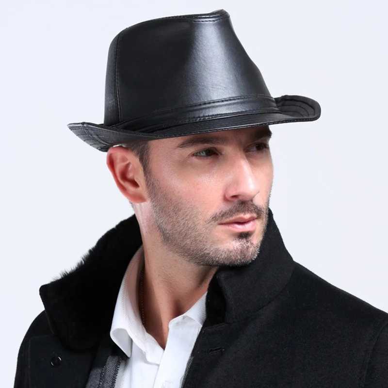 Western style denim hat sheepskin genuine leather mens C fashion winter retro gentlemans jazz hat flat top hat W241225