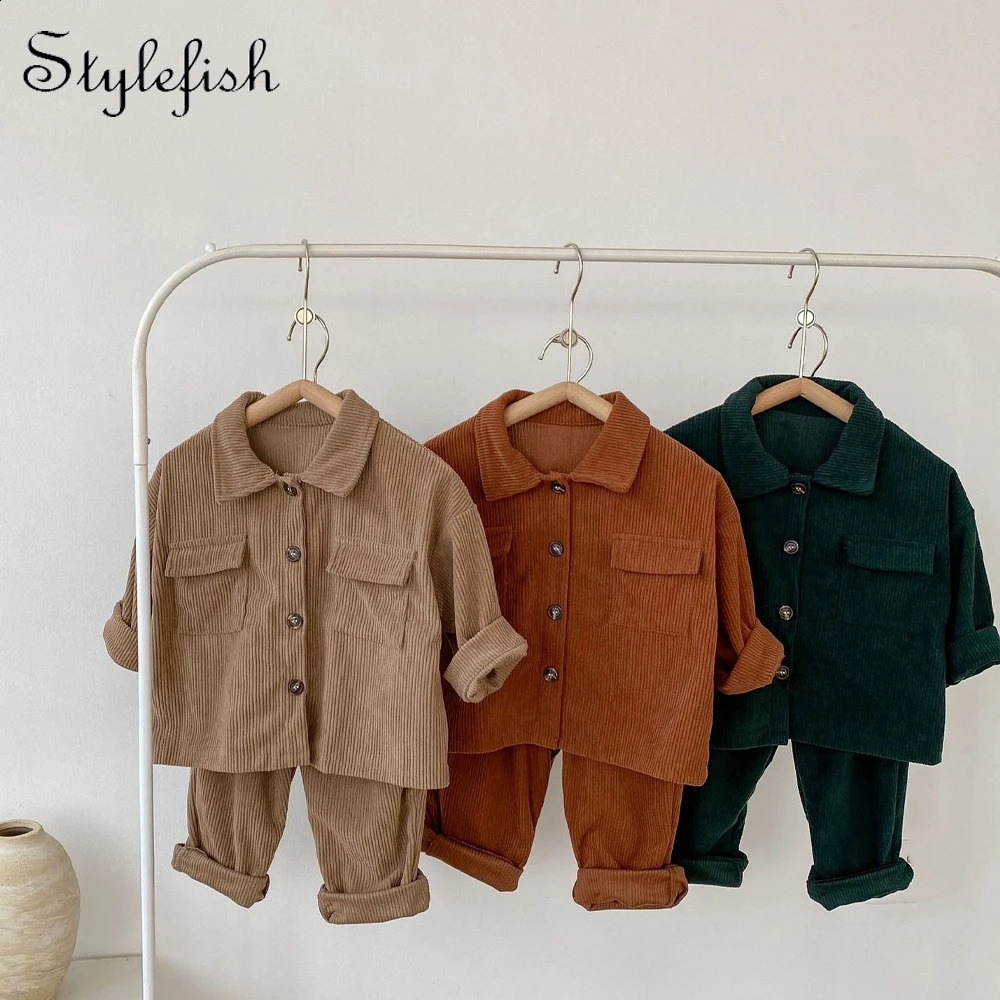 Spring and Autumn 03 Year Old Baby Boys Girls Fashion Polo Collar Cardigan CoatTrouser Corduroy Two Piece Set 241225