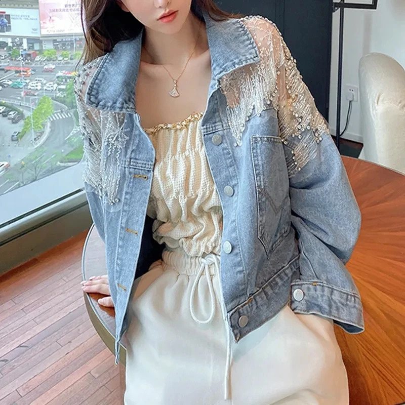 Fashion Beaded Diamond Mesh Denim Coat Spring Autumn Denim Jacket Short Casual Outerwear Tops Jeans Jacket Female 241223