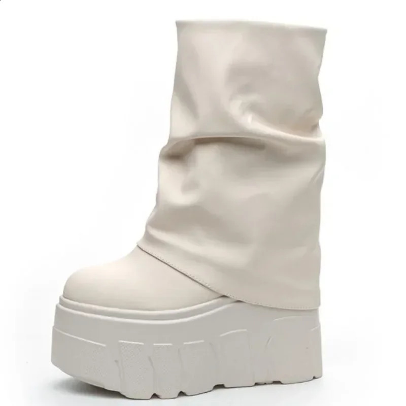 14CM Ankle Booties Shoes Natural Microfiber Leather Boots 2025 Winter Women Motorcycle Boots Platform Ladies Fashion Botas 241226