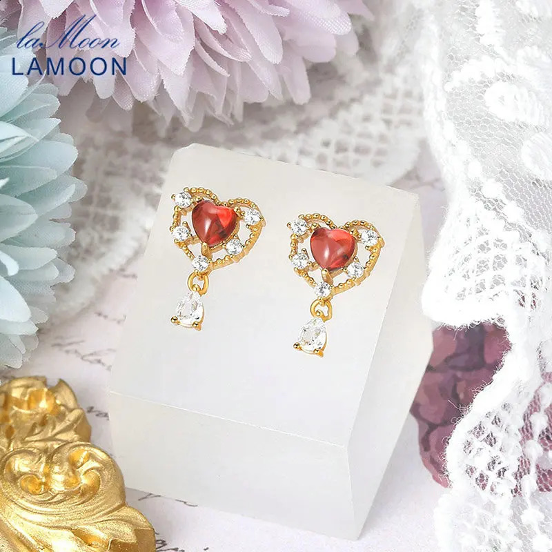 LAMOON Natural Garnet Heart Earrings For Women Sterling Silver 925 Stud Earring Korean Anime Vivi Gold Plated Fine Jewelry Gifts 241226