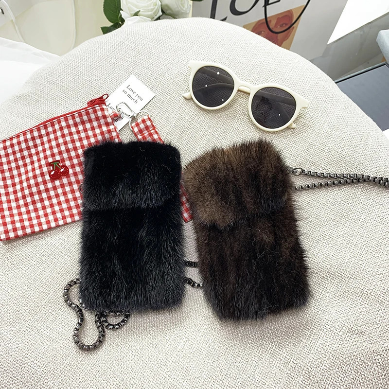 Fashion Mini Mink Hair Coin Purse Crossbody Small Bag Mobile Phone Bag All-Matching Womens Shoulder Mobile Phone Bag241226