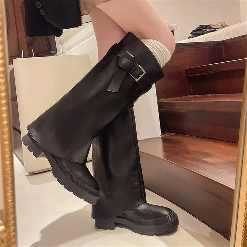 Belt Buckle Round Toe Knee High Women Boots Thick Sole Chunky Heels Black Slip On Fashion Concise Elegant Western Female Shoes 241226