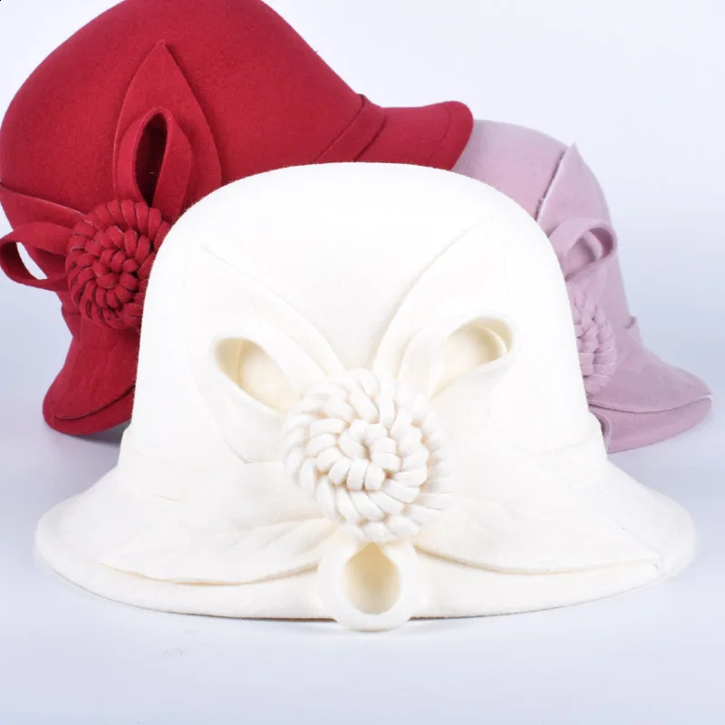 Womens Hat Winter Autumn Warm Ladies Church Bowler Hats Elegant Wool Fedora Hat Flower Vintage Felt Cap Red Pink White 241226