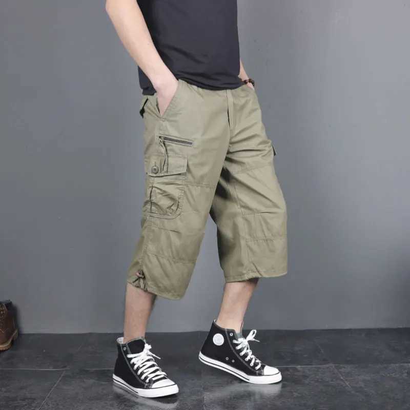 Mens Summer Breeches Long Shorts Multiple Pockets Military Zipper Cargo Shorts Tactical Bridges Short for Men Army Green Khaki W241226