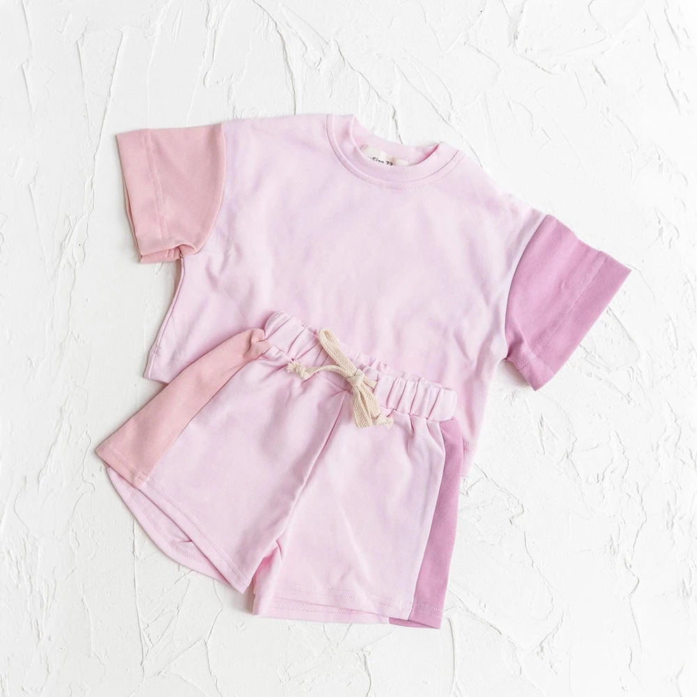 2025 Summer Toddler Girls Cotton Short Sleeve TopShorts Set Baby Boys Shortsleeve Tee Outfits Sets Kids Stitching Color Clothes 241225