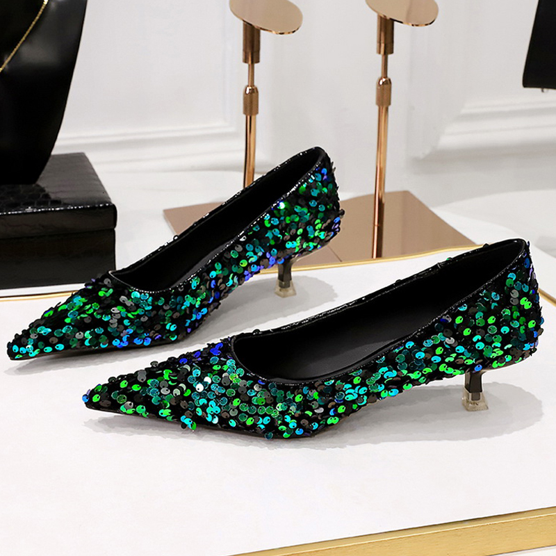 BIGTREE New Sequin Women's Sparkg Women Pumps Fashion Kitten Heels 4.5 Cm Low Heeled Banquet Shoes Size 43