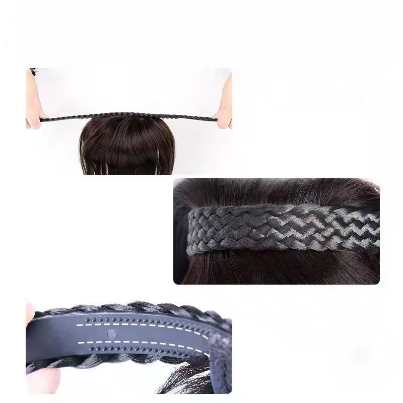 Synthetic Fake Bangs Hair Neat Fringe Bands with Double Row Braids Headband Heat Resistant Bangs In Hair Extensions Hairpieces 241225
