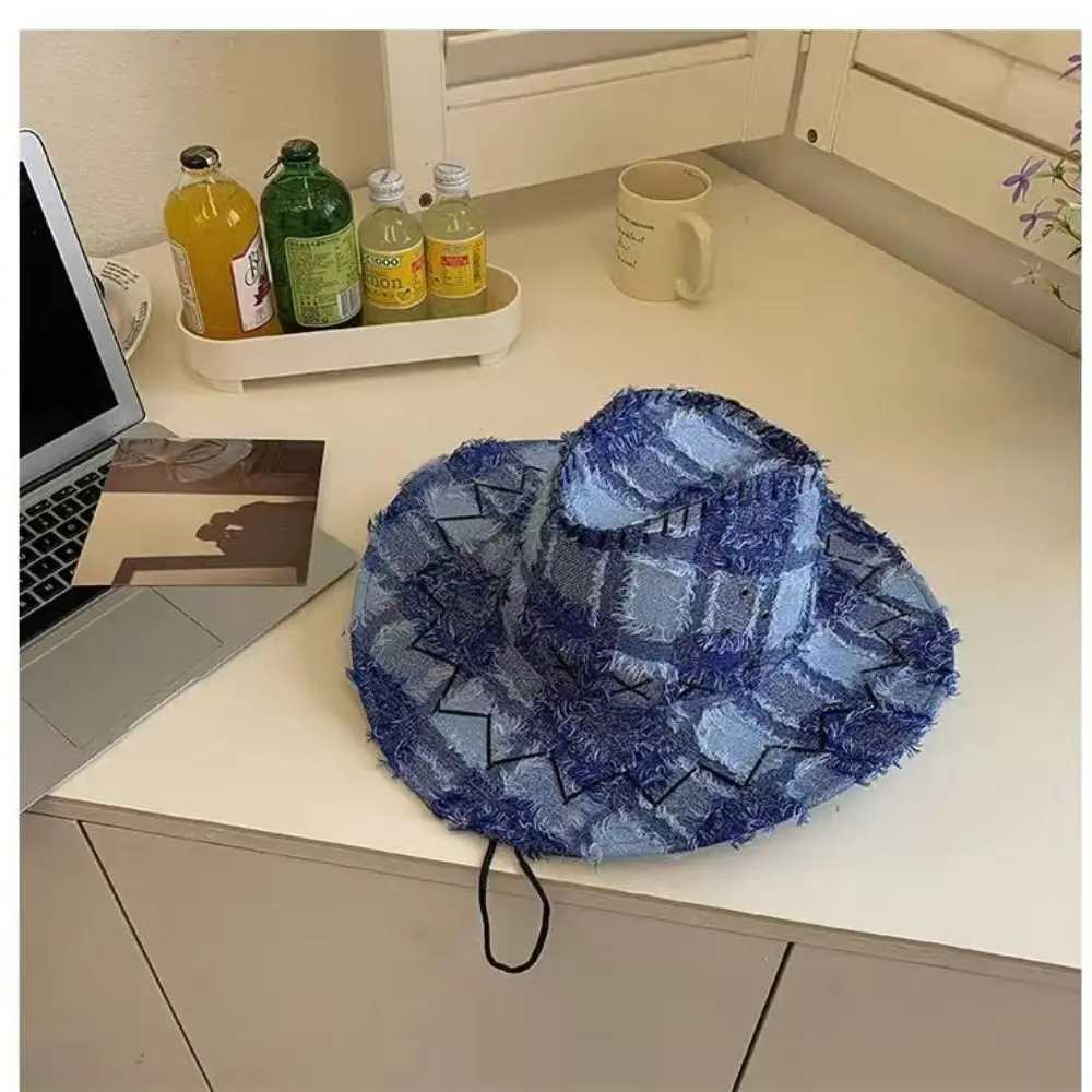 Denim Plaid Sun Hat Fashion Wide Brim Bucket C Western Denim Hat Sunscream Outdoor Camping Travel Fishermans Hat W241225