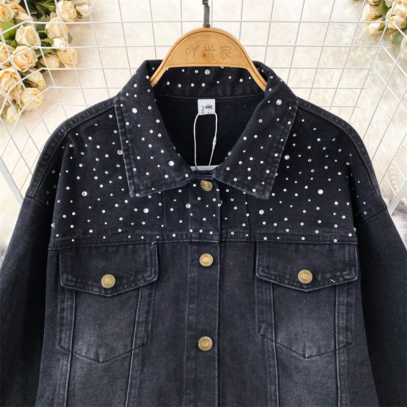 Korean Loose Women Short Denim Jacket Blue Black Diamond Lapel Casual Long Sleeve Spring Autumn Female Jeans Jacket Veste Femme 241223