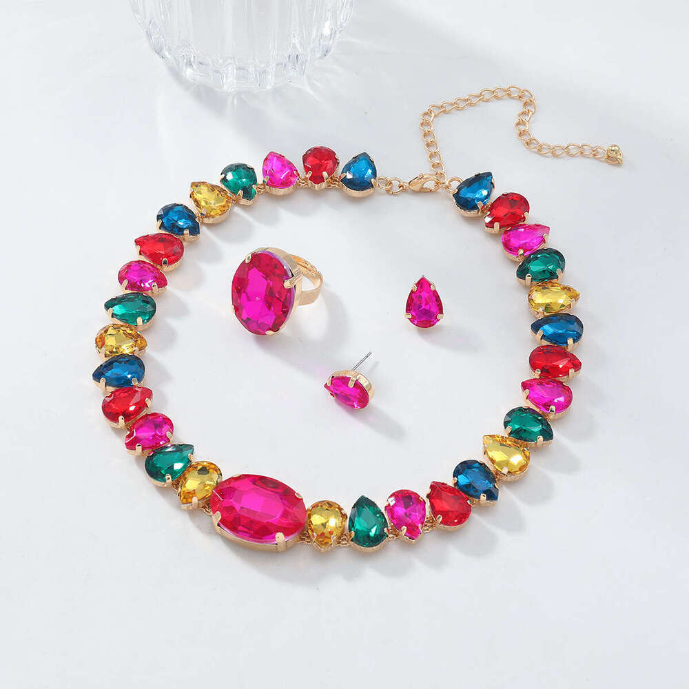 Colorful necklaces, earrings, rings, women's three piece set, trendy rhie inlaid jewelry