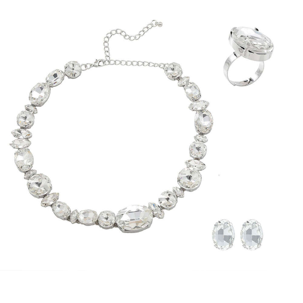 Autumn and Winter New Women's Fashion Colored Water Dia Inlaid Neck Chain Necklace Earnail Ring Jewelry Set