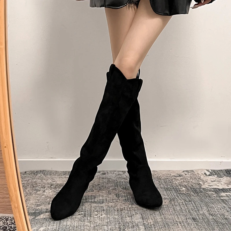 2025 Suede Women Knee High Boots Fashion Slip On Flats Shoes Ladies Concise Slim Long Botas De Mujer 241226