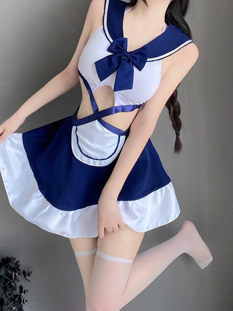 Sexy Girl JK College Style Dress Elegant Sailor Collar Bow Waist Hollow Color Blocking Lotus Leaf Edge Sweet Dresses NHAG 241226